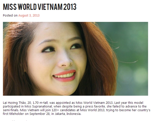 Hương Thảo lên đường thi "Miss World 2013" vào ngày 3/9 3