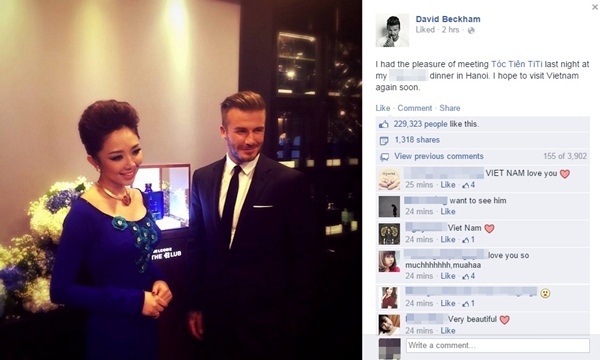 David Beckham ca ngợi Tóc Tiên trên facebook cá nhân 1