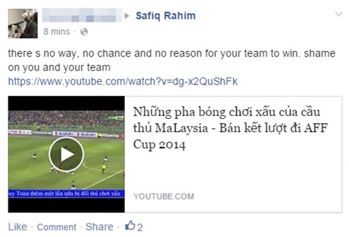Fan Việt "gây bão" trên trang facebook của cầu thủ Malaysia 3