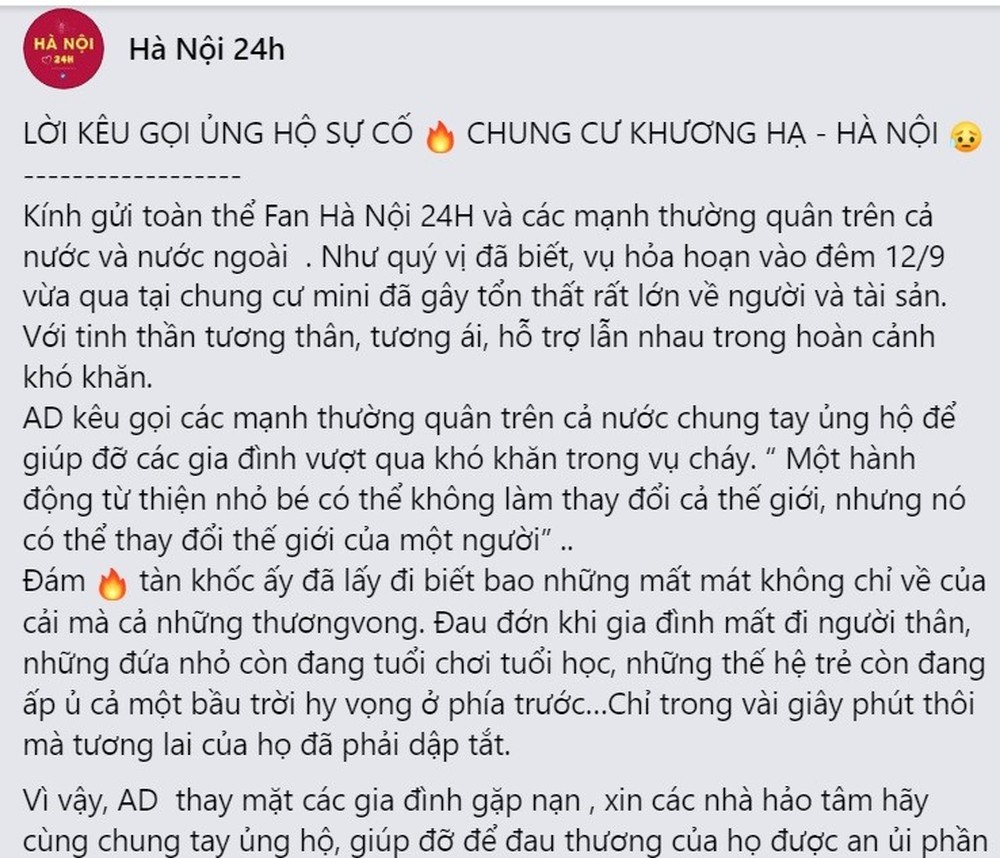 Đại diện fanpage Hà Nội 24h nói về số tiền quyên góp 4 tỷ đồng cho nạn nhân vụ cháy, giải thích vì sao dùng địa chỉ ảo - Ảnh 1.