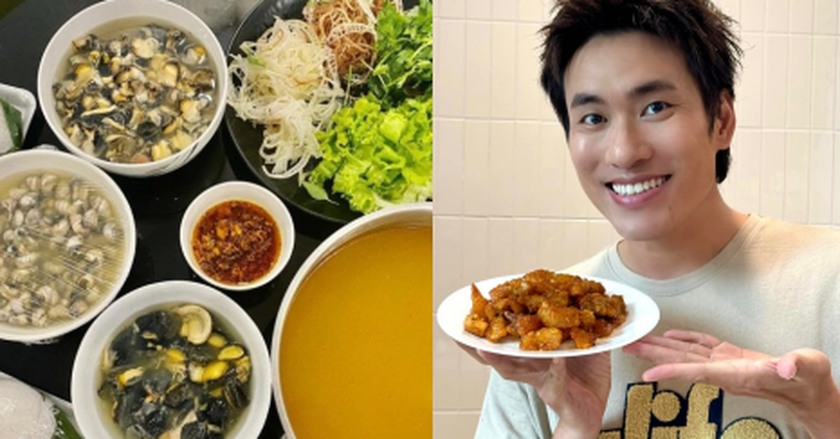 Kiều Minh Tuấnが料理を手に笑顔を見せる写真と、貝や野菜などが並んだ食卓