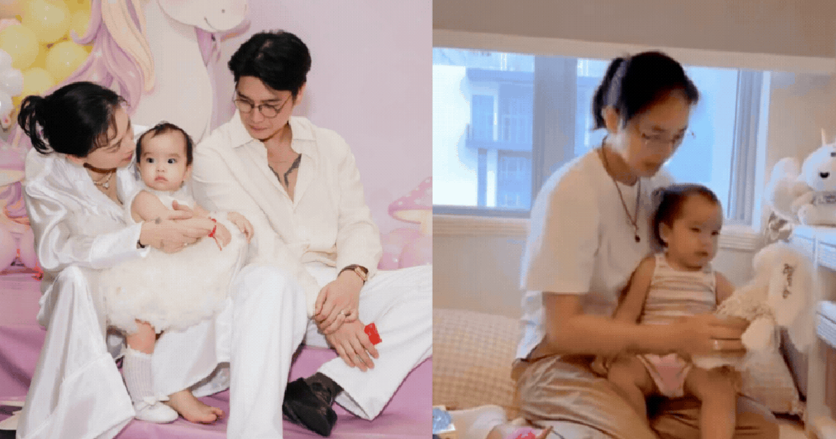 Kênh14掲載画像。ぬいぐるみのそばで娘を抱くノー・タイン・ヴァンと、家族で写る親子の写真。