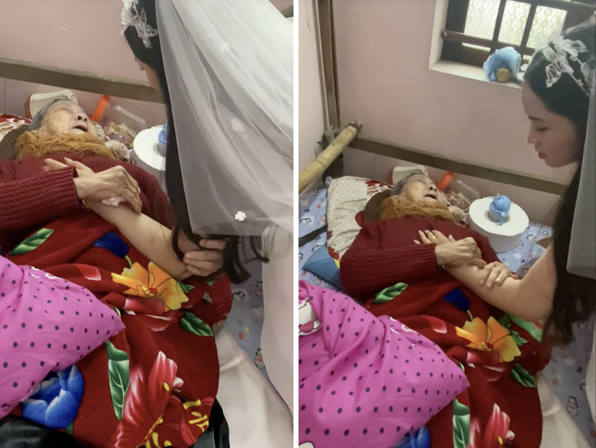 Nghẹn ngào khoảnh khắc bà nội 90 tuổi khóc khi nằm tiễn cháu gái về nhà chồng