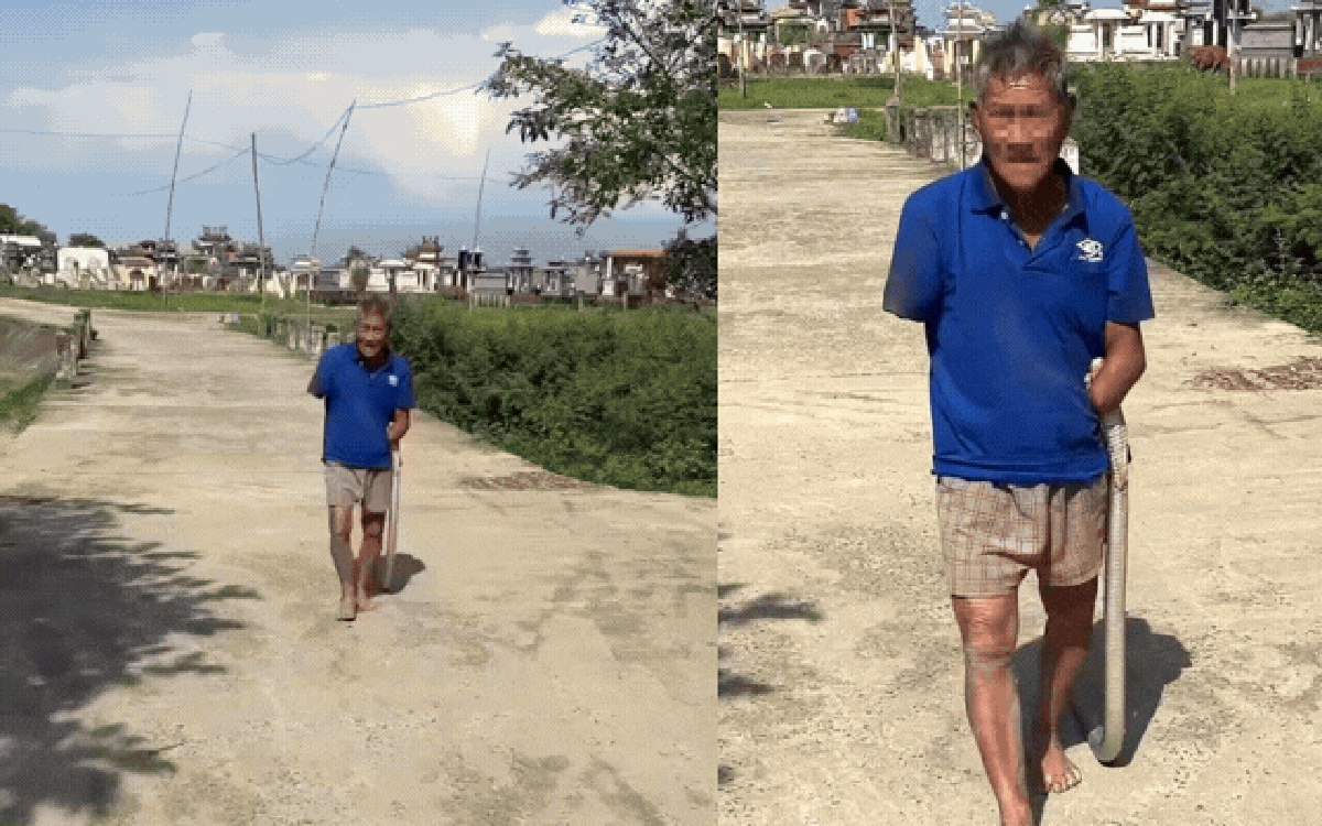 Cụ ông kẹp chặt rắn hổ mang trên tay đi giữa đường khiến nhiều người hoảng hốt: Người nhà lập tức đưa đi cấp cứu ngay sau đó