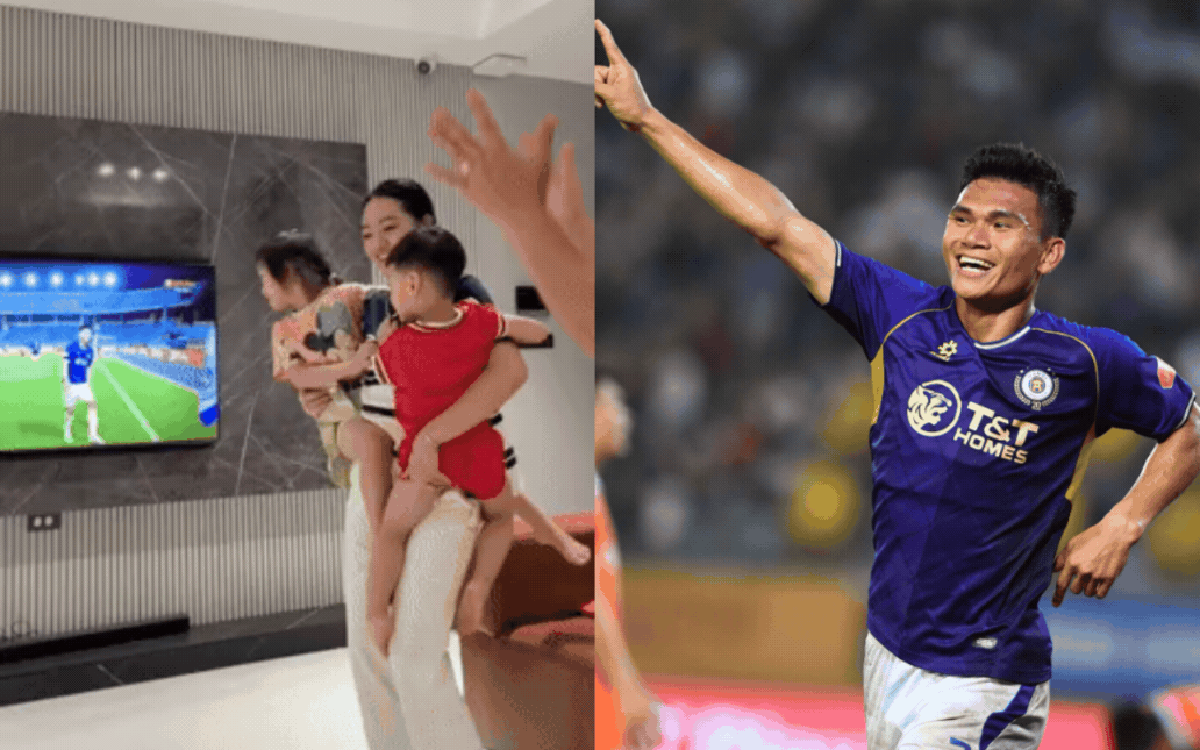 Vợ Xuân Mạnh bế hai con ăn mừng cuồng nhiệt khi chồng ghi bàn cho Hà Nội FC: Hậu phương mạnh cỡ này!