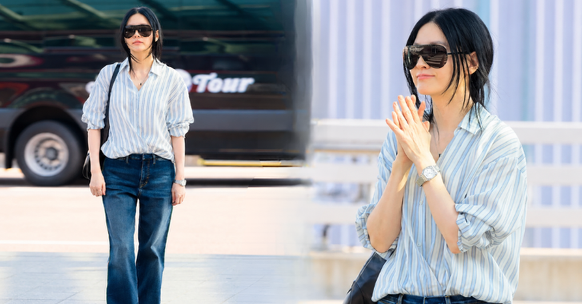 Lee Young Ae làm bùng nổ phong cách "thảnh thơi" kiểu mới: Sơ mi kẻ sọc + quần jeans + tóc đuôi ngựa thấp, vừa sang vừa trẻ ra cả chục tuổi