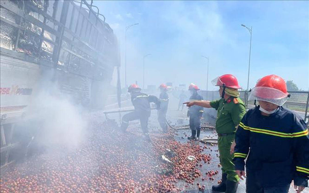 Xe tải chở 10 tấn mận cháy rụi trên cao tốc Diễn Châu - Bãi Vọt