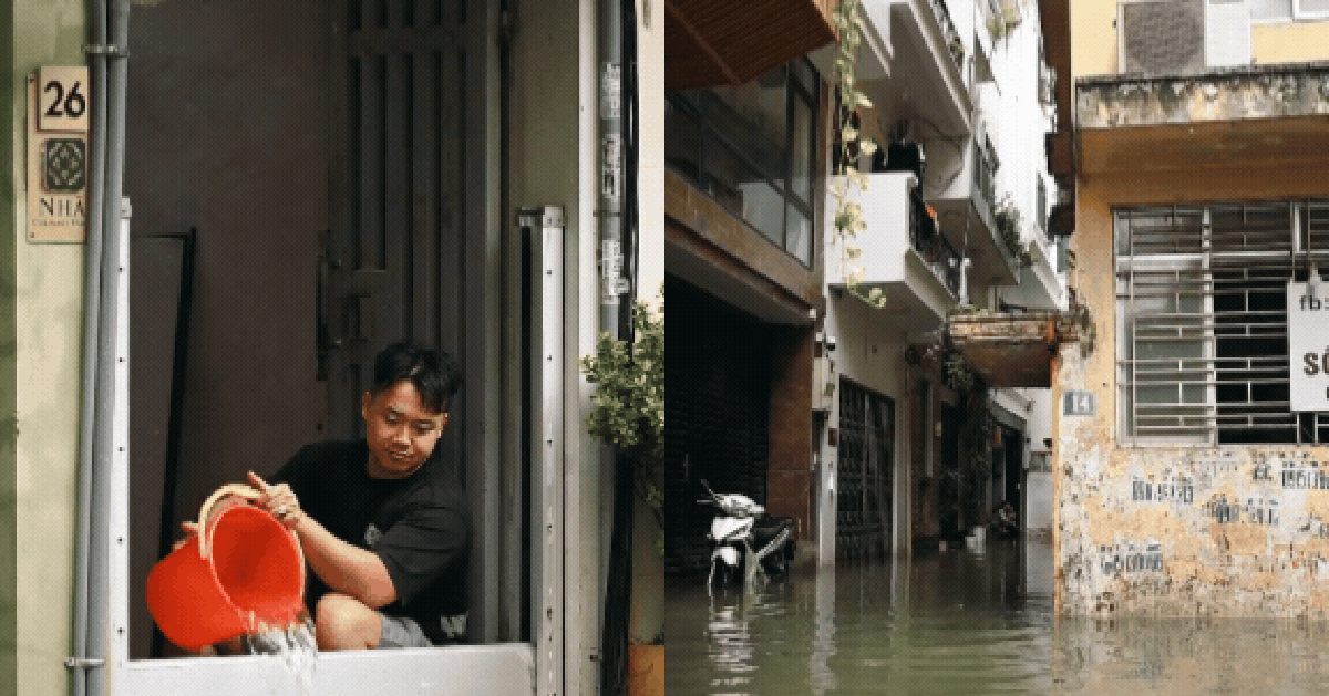 Cận cảnh Hà Nội sau trận mưa lớn nhất từ đầu mùa: Người dân hì hục tát nước, lò dò đi trong ngõ nhỏ ngập ngang bắp chân