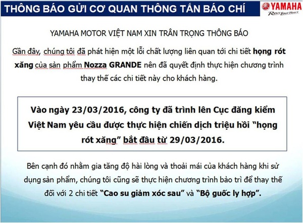 Chương tr&igrave;nh triệu hồi v&agrave; bảo tr&igrave; thay thế miễn ph&iacute; một số chi tiết cho Yamaha Nozza Grande - Ảnh 2.