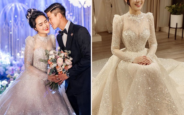 Váy cưới cô dâu Quỳnh Anh màu trắng kim tuyến xước tay dài cổ điển  VC27   NiNiStore