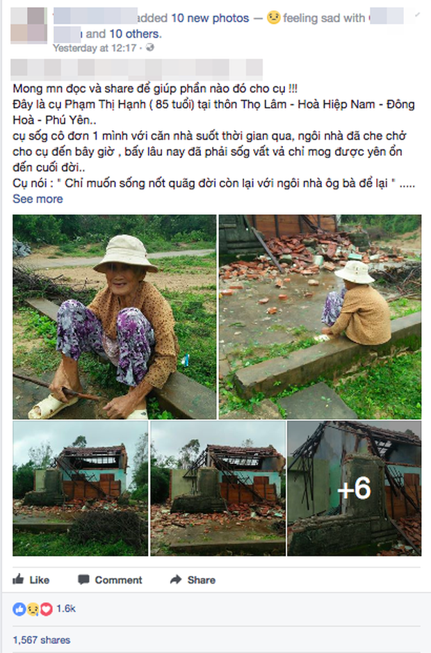 Bức ảnh khiến nhiều người xót xa: Cụ bà neo đơn ngồi thất thần trước căn nhà bị đổ sập ở Phú Yên sau cơn bão số 12 - Ảnh 1.
