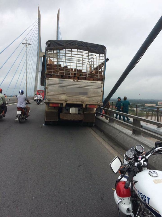 Bỏ xe tải giữa cầu Mỹ Thuận, tài xế bất ngờ leo qua lan can nhảy xuống sông - Ảnh 1.
