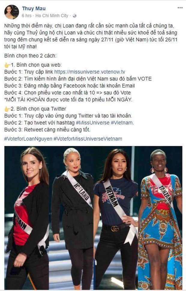 Trước thềm chung kết Miss Universe, Á hậu Thùy Dung, Hoàng Thuỳ và loạt sao Việt đồng loạt kêu gọi ủng hộ cho Nguyễn Thị Loan - Ảnh 1.