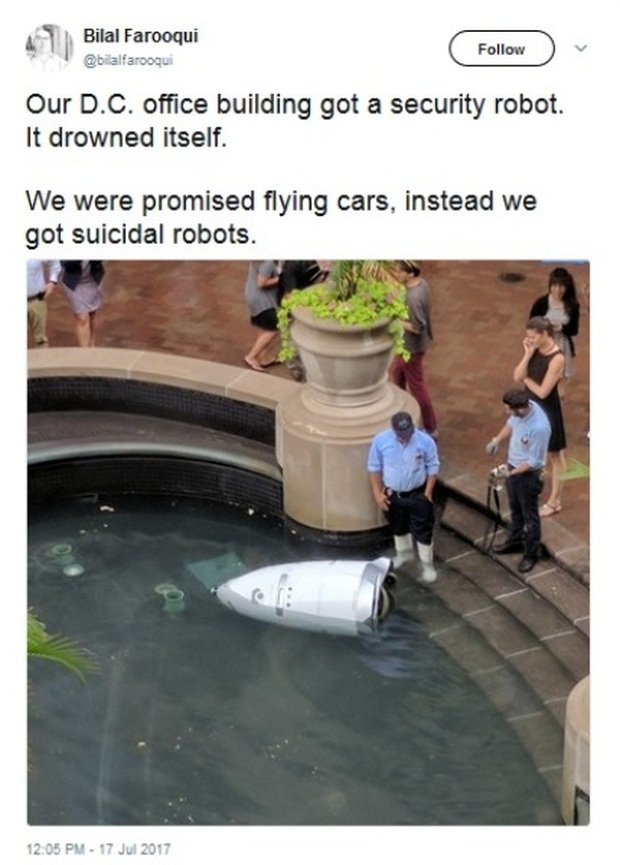 Thật tội nghiệp, một con robot bảo vệ vừa ngã xuống đài phun nước, chết đuối - Ảnh 3.