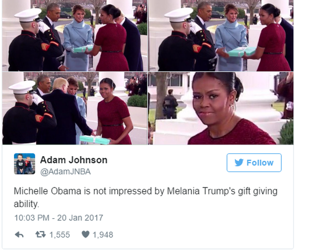 Những biểu cảm của cựu Đệ nhất phu nhân Michelle Obama khi nhận quà từ bà Melania Trump gây xôn xao mạng xã hội - Ảnh 4.