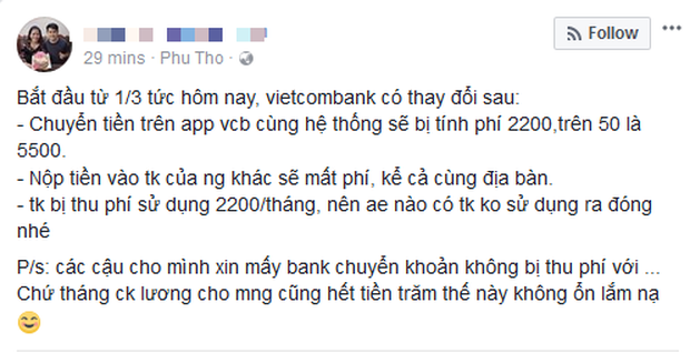 Không chỉ tăng phí dịch vụ SMS Banking lên 11.000 đồng, từ hôm nay Vietcombank còn thu phí chuyển tiền cùng hệ thống qua Mobile Banking - Ảnh 1.