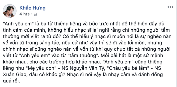 Khắc Hưng, Khắc Việt bức xúc phản pháo phát ngôn người tầm thường mới viết ca từ kiểu anh yêu em của Lê Minh Sơn - Ảnh 2.