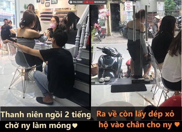 Chàng trai kiên nhẫn ngồi chờ người yêu làm móng suốt 2 tiếng, ra về còn cúi người xỏ dép hộ để tránh xước sơn - Ảnh 2.