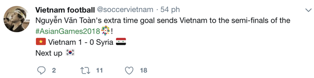 Cộng đồng mạng thế giới đồng loạt gửi lời chúc mừng tới đội tuyển Olympic Việt Nam với chiến thắng 1-0 trước Syria - Ảnh 11.