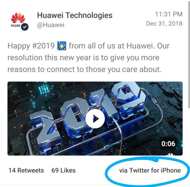 Lỡ tay đăng tweet chúc mừng năm mới bằng iPhone, nhân viên Huawei mất toi thưởng Tết - Ảnh 1.