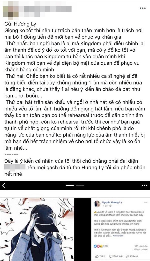 Quản lý quán bar bị Hương Ly chê âm thanh quá tệ lên tiếng phản pháo, tố cáo cô nàng ăn cháo đá bát - Ảnh 1. Quản lý quán bar bị Hương Ly chê âm thanh quá tệ lên tiếng phản pháo, tố cáo cô nàng ăn cháo đá bát - Ảnh 1.