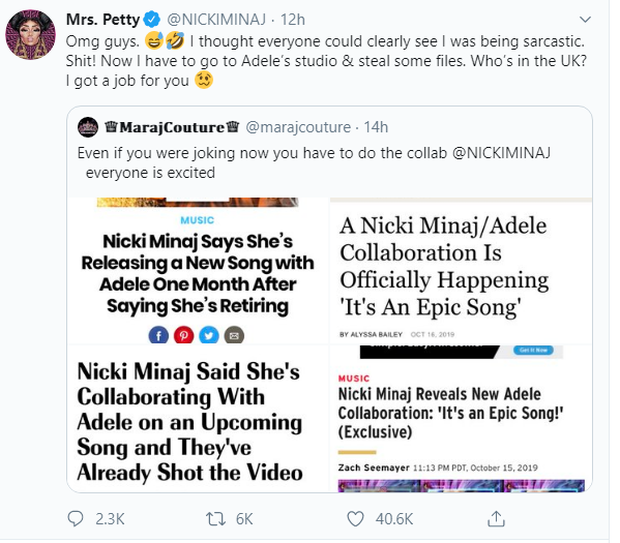 Nicki Minaj continuously makes fun of the audience and the media: pretending to retire and lying about collaborating with Adele!  - Photo 2.