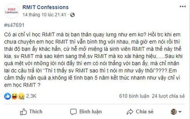Học RMIT nhưng bị cà khịa kém sang vì không xài đồ hiệu, nam sinh lên mạng than thở sắp mất bạn thân - Ảnh 1.
