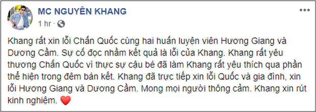 Bị dân mạng tấn công sau sự cố đọc nhầm kết quả The Voice Kids, MC Nguyên Khang tiếp tục lên tiếng - Ảnh 2.