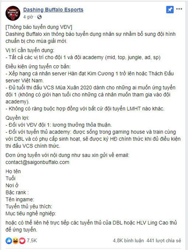 LMHT: Dashing Buffalo Esports đăng tuyển người cho mùa giải mới, cộng đồng game thủ vào troll sấp mặt - Ảnh 1.