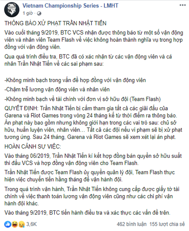 Giữa bão drama, BTC VCS quyết định cấm cửa ông Trần Nhật Tiến hoạt động LMHT 2 năm, cộng đồng game thủ loạn ý kiến! - Ảnh 1.