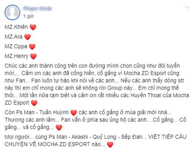 Mocha ZD Esports bất ngờ nói lời chia tay với 4 thành viên Khiên, Ara, Oppa và Henry - Ảnh 3. Mocha ZD Esports bất ngờ nói lời chia tay với 4 thành viên Khiên, Ara, Oppa và Henry - Ảnh 3.