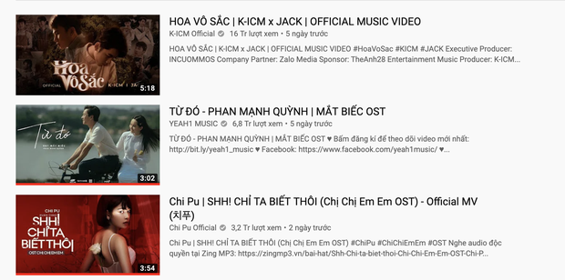 Ngay lúc này top 3 thịnh hành Youtube Việt Nam là sự thống trị của OST Chị Chị Em Em và Mắt Biếc - Ảnh 1.