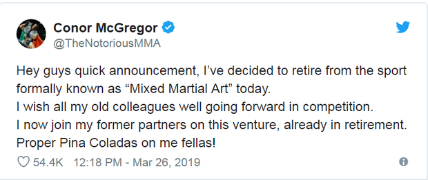 Nóng: Gã điên Conor McGregor bất ngờ tuyên bố giải nghệ ở tuổi 30 - Ảnh 1.