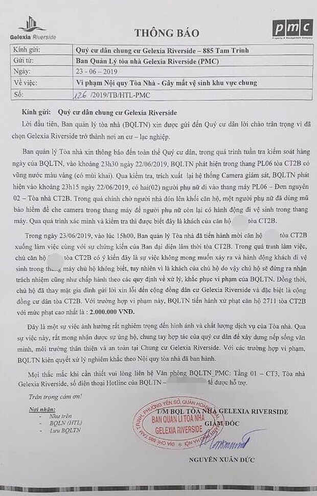 Vụ 2 người phụ nữ dùng mũ bảo hiểm che camera để tiểu bậy trong thang máy: Phạt chủ hộ 2 triệu đồng - Ảnh 4.