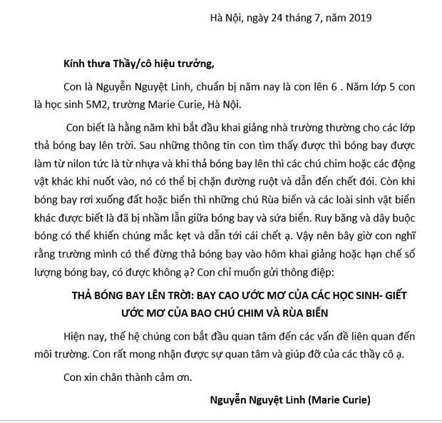 Xúc động bức thư em học sinh lớp 5 gửi tới 40 trường học ở Hà Nội: Mình có thể đừng thả bóng bay vào hôm khai giảng không? - Ảnh 1.