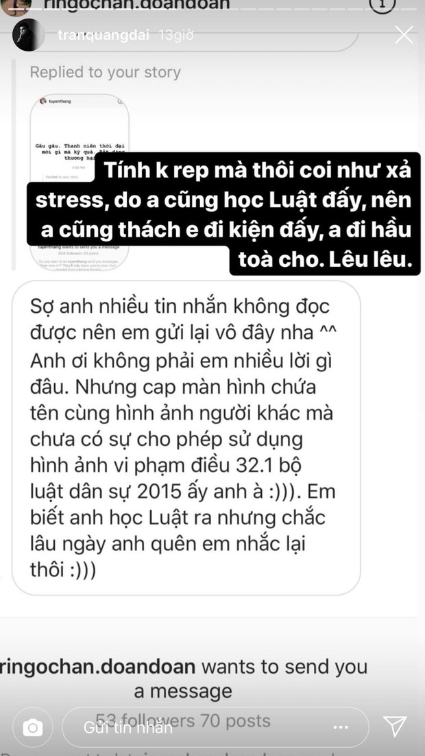 Quang Đại khẩu chiến với anti-fan trên Instagram: Bị doạ kiện, chú Đại thần đồng thách thức đối thủ vì mình... học Luật ra mà! - Ảnh 3.