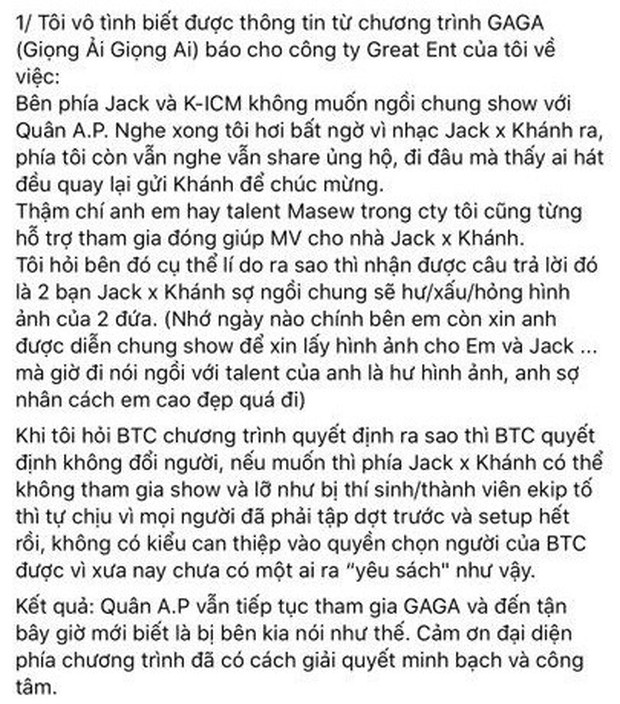 Ban tổ chức Giọng ải giọng ai xác nhận Jack đòi đổi người vì không muốn quay chung với Quân A.P - Ảnh 2. Ban tổ chức Giọng ải giọng ai xác nhận Jack đòi đổi người vì không muốn quay chung với Quân A.P - Ảnh 2.
