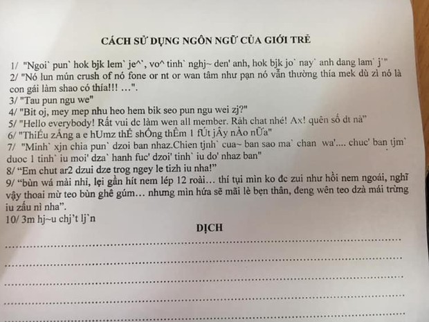 Xuất hiện đề kiểm tra cách sử dụng ngôn ngữ của giới trẻ: Học sinh than trời tiếng Việt mà cứ ngỡ tiếng nước ngoài! - Ảnh 1.