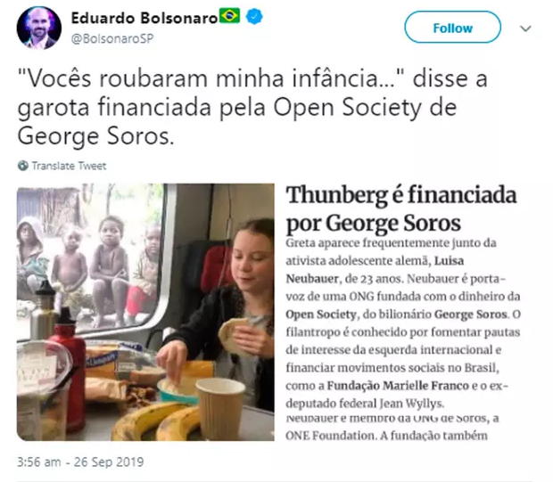 Con trai tổng thống Brazil gây tranh cãi vì công khai mỉa mai, đăng ảnh sai sự thật về cô bé Greta Thunberg - Ảnh 2.