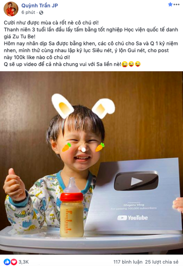 Bỏ qua lùm xùm về kênh YouTube triệu subs, Quỳnh Trần JP đón tin vui mới khi kênh của bé Sa vừa chính thức ẵm nút Bạc - Ảnh 3. Bỏ qua lùm xùm về kênh YouTube triệu subs, Quỳnh Trần JP đón tin vui mới khi kênh của bé Sa vừa chính thức ẵm nút Bạc - Ảnh 3.