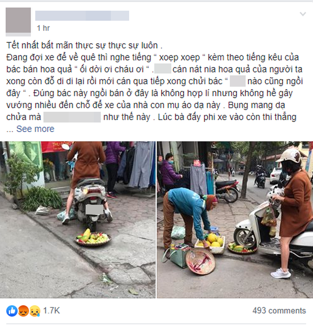 Phẫn nộ hình ảnh người phụ nữ mang bầu lái xe máy cán thẳng qua nia trái cây của cô bán hàng rong ven đường vì ngồi chắn trước cửa hàng - Ảnh 1.