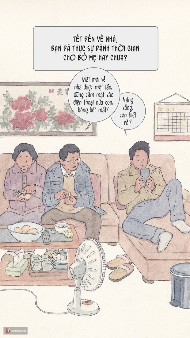 Bộ tranh: Đã về nhà ăn Tết thì hãy dành thời gian bên bố mẹ, tạm tha cho cái điện thoại đi - Ảnh 1. Bộ tranh: Đã về nhà ăn Tết thì hãy dành thời gian bên bố mẹ, tạm tha cho cái điện thoại đi - Ảnh 1.