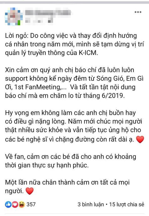 Sau thông tin Jack có quản lý mới, đến lượt quản lý truyền thông của K-ICM tuyên bố rút khỏi vị trí, bộ đôi chính thức đường ai nấy đi? - Ảnh 1. Sau thông tin Jack có quản lý mới, đến lượt quản lý truyền thông của K-ICM tuyên bố rút khỏi vị trí, bộ đôi chính thức đường ai nấy đi? - Ảnh 1.