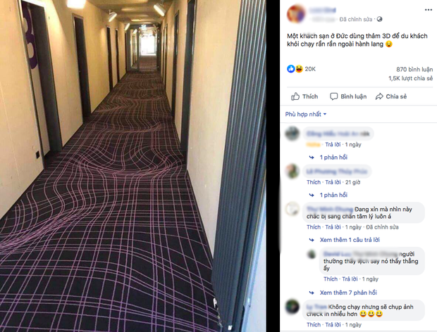 Bức ảnh gây ảo giác đầu năm: Khách sạn Đức dùng thảm 3D ngăn khách chạy nhảy ở hành lang, dân tình nhìn vào không uống cũng say - Ảnh 2.