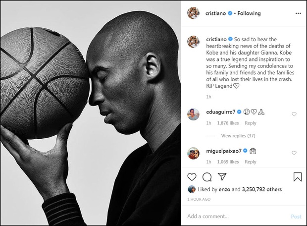 Ronaldo, Messi và các sao bóng đá tiếc thương trước sự ra đi đột ngột của huyền thoại Kobe Bryant sau tai nạn rơi máy bay - Ảnh 2. Ronaldo, Messi và các sao bóng đá tiếc thương trước sự ra đi đột ngột của huyền thoại Kobe Bryant sau tai nạn rơi máy bay - Ảnh 2.
