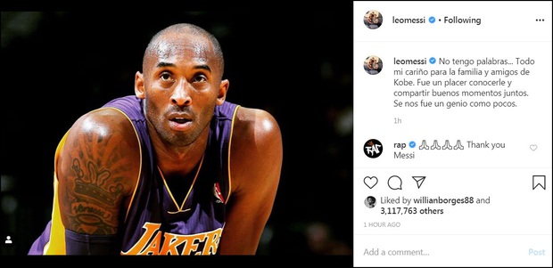 Ronaldo, Messi và các sao bóng đá tiếc thương trước sự ra đi đột ngột của huyền thoại Kobe Bryant sau tai nạn rơi máy bay - Ảnh 3. Ronaldo, Messi và các sao bóng đá tiếc thương trước sự ra đi đột ngột của huyền thoại Kobe Bryant sau tai nạn rơi máy bay - Ảnh 3.
