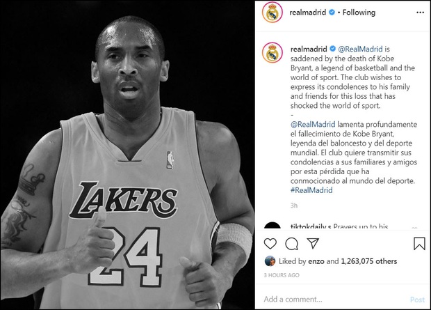 Ronaldo, Messi và các sao bóng đá tiếc thương trước sự ra đi đột ngột của huyền thoại Kobe Bryant sau tai nạn rơi máy bay - Ảnh 9. Ronaldo, Messi và các sao bóng đá tiếc thương trước sự ra đi đột ngột của huyền thoại Kobe Bryant sau tai nạn rơi máy bay - Ảnh 9.