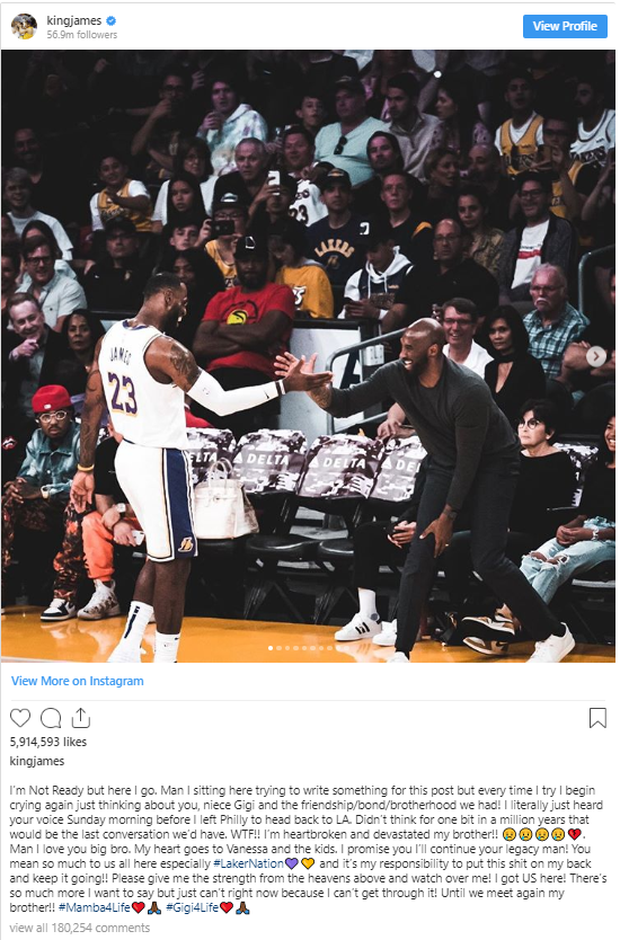 LeBron James chia sẻ những cảm xúc đầu tiên sau sự ra đi của Kobe Bryant: Tôi hứa sẽ kế thừa những di sản mà anh để lại - Ảnh 1. LeBron James chia sẻ những cảm xúc đầu tiên sau sự ra đi của Kobe Bryant: Tôi hứa sẽ kế thừa những di sản mà anh để lại - Ảnh 1.