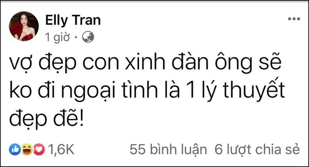 Elly Trần liên tục đăng status ẩn ý, rộ nghi vấn trục trặc với ông xã ngoại quốc: “Vợ đẹp con xinh đàn ông sẽ không đi ngoại tình” - Ảnh 1.