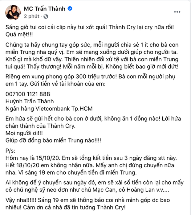 Tiếp bước Thuỷ Tiên, MC Trấn Thành xung phong đóng góp 300 triệu đồng, kêu gọi và quyết định đến miền Trung cứu trợ - Ảnh 2.